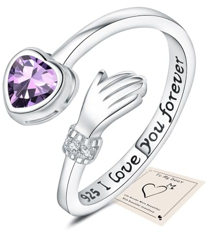 Silver Hug Rings, Love Heart Thumb Rings for Women Adjustable Cubic Zirconia Open Ring I Love You Forever Engraved Words Sister Friendship Gifts with Gift Card & Box, Amethyst Stone