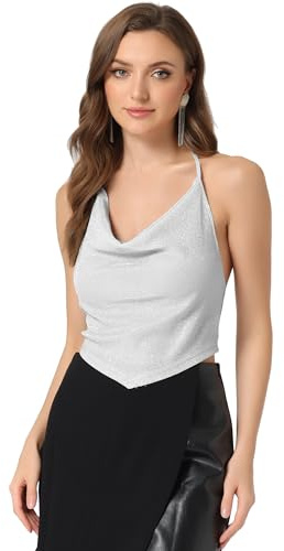 Allegra K Damen Glitzer Pailletten Top Rückenfrei Neckholder Cami-Tops
