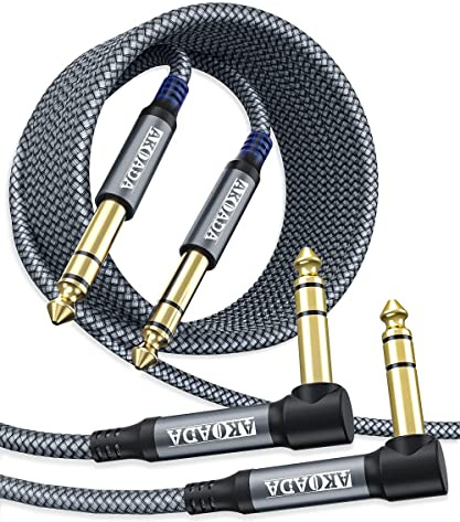 AkoaDa 6.35mm to 6.35mm TRS Instrument Cable 2-Pack, Professional 1/4 Inch Jack to Jack Cable with Nylon Braid for Amplifier, Keyboard, Speaker(Grey, 6.0m)