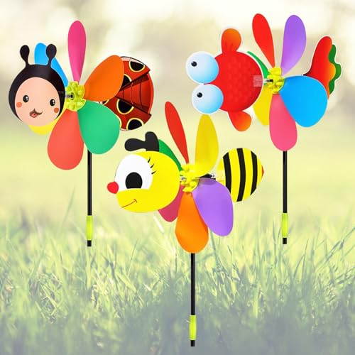 3 Stück Windrad Garten, Windrad Kinder 54cm,Windmühle Tier Windrad Bunt,Garten Spielzeug 3D Windmühle,Windräder Spielzeug,Kunststoff Windrad, Windrad Deko,Windmühle Biene,Goldfisch,Marienkäfer
