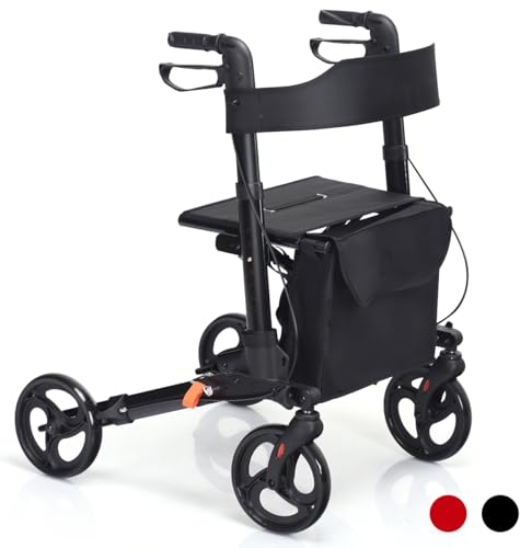 COSTWAY Rollator faltbar, Reiserollator leichtgewicht mit Sitz, höhenverstellbarer Handgriff & Tasche, Gehwagen Laufhilfe aus Aluminium mit doppeltes Bremsszstem für Senioren, 136kg Belastbar