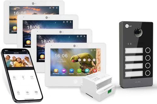Neolight Videocitofono Quadrifamiliare WiFi Full HD con 4 Monitor Touch Screen IPS, Kit di Superficie per 4 Famiglie, Interfono con Telecamera, Controllo da Smartphone, Accesso di Prossimità, 2 Fili