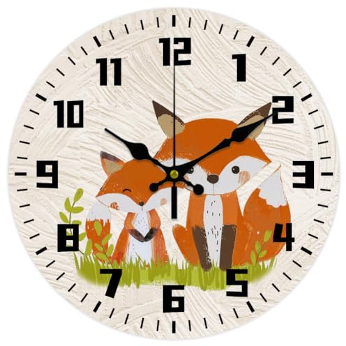 CHGCRAFT Wanduhr Mit Fuchs Muster Wanduhr Ohne Ticken Runde Dekorative Wanduhr Aus Holz Bedruckte MDF Wanduhr Für Zuhause Wohnzimmer Schlafzimmer Heimbüro Dekoration