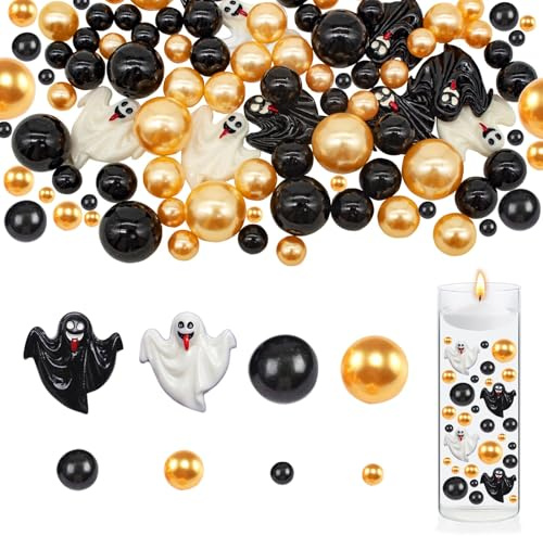 VBNZBK Vasenfüller Set 60tlg, Halloween Geister, lochlos, Schwarz Gold Weiß | Acryl Kunststoff, 3 Größen 1/1,4/2 cm, glänzend, wiederverwendbar, abriebfest, für Vasen Schalen Tischdeko Halloween Party