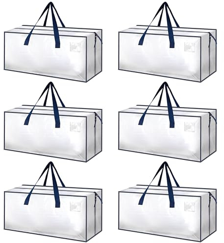 HealSmart Confezione da 6 borse per trasloco extra large con cerniere e manici per il trasporto, scatole portaoggetti resistenti per dormitorio essenziale, trasparenti