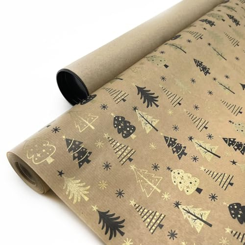 Papel de regalo kraft en rollo de 62CM x 25M para Navidad con diseño de pinos. Ideal para: Comercios, Papá Noel y Reyes Magos. (PINOS NAVIDAD)