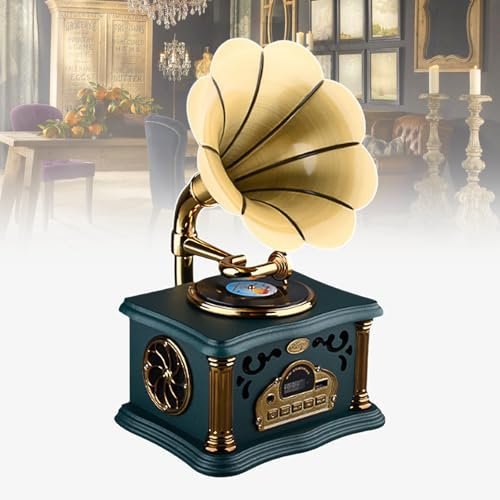 Altoparlante Bluetooth Retrò E Lettore Musicale Con Radio Fm, Forma Di Grammofono, Ornamenti per La Casa in Rame E Legno Massiccio, Supporta L'ingresso Disco U,Green