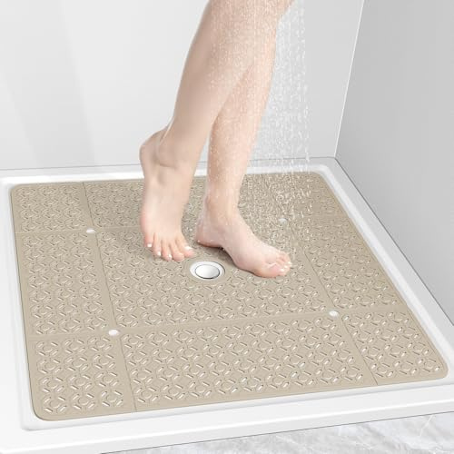 OTHWAY Square Shower Mat, 69 x 69 cm Extra Large Shower Mats for Inside Shower, TPE Anti Slip shower mat with Suction Cups Drain Holes, Machine Washable (Brown)