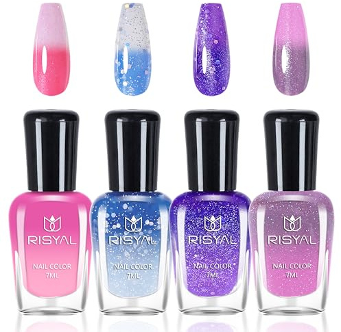 4 Farben Temperaturgesteuerter Farbwechsel Nagellack Set - Farbwechselnder Nagellack, Kein UV-Licht erforderlich Für Frauen & Mädchen Maniküre DIY Nageldesigns, Rosa/Violett/Blau/Weiß (Colorful A)