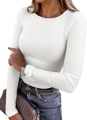 Chicrise Long Sleeve T Shirts Women Crew Neck Tops Basic Slim Fit Ribbed Lightweight Knitted Blouse