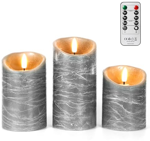 FREEPOWER 3er Set Grau LED Kerzen Echtwachs mit Fernbedienung und Timer | Batteriebetrieben Flammenlose Stumpenkerzen, Flackern, Warmweiß, Dimmbar, Innen Deko, Ø7,5 x 10/12,5/15cm