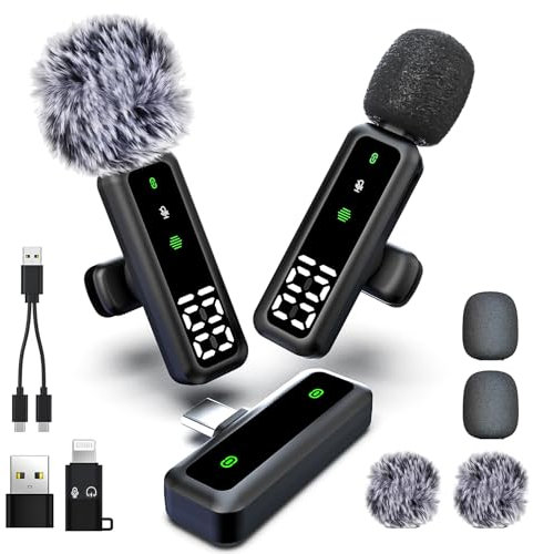 Microfono lavalier wireless con display a LED, microfono Lavalier con clip con riduzione del rumore, per registrazione video, Tiktok, Youtube, Vlog Podcast Content Creator (nero) lucido