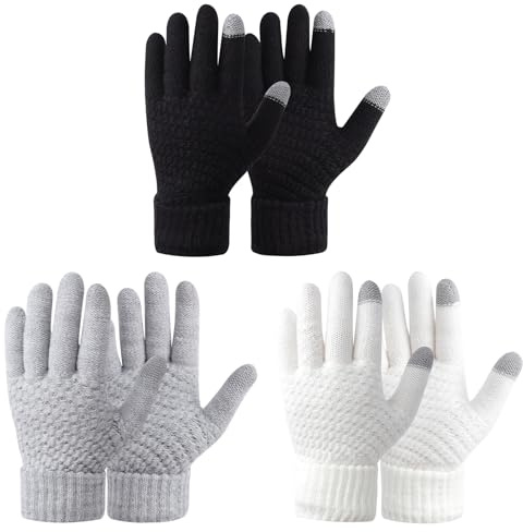 Fjquamitix 3 Pairs Women Thermal Touch Screen Gloves, Winter Warm Elastic Knitted Soft Fleece Lined Gloves for Indoor Outdoor (Black+White+Gray, One Size)
