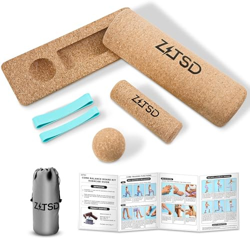ZITSD 4-in-1 Ankle Balance Board Foot Strengthener Kit, 100% Natural Cork Half Boards with Exercise Guide, Massage Ball and Toe Resistance Bands for Balance Training, Tan