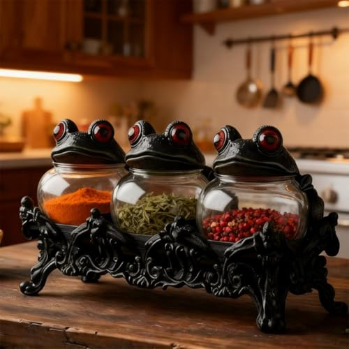 Witchy Frog Apothecary Spice Jars, Handcrafted Vintage Class Apothecary Jars with Frog Lids, 2026 New Kitchen Gothic Food Storage Containers, Halloween Display Home Decor for Spices, Salts
