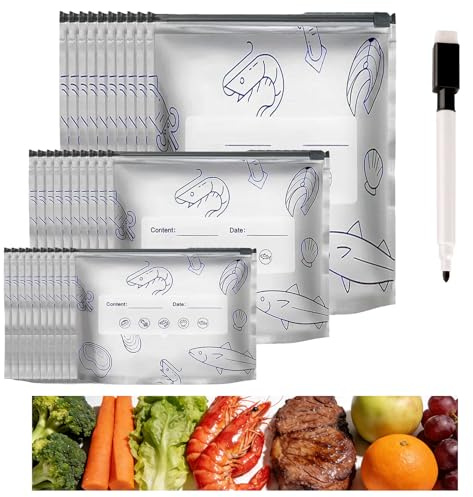 DifenzuSJ 30 Pezzi Sacchetti Congelatore in Alluminio Riutilizzabili, 3 Dimensioni con Chiusura Ermetica Zip, Senza BPA, Antiodore e Antiperdite, per Conservazione Alimenti, Carne, Verdura, Frutta