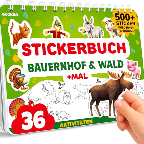 QUOKKA Livre de Stickers pour Enfants 3-5 Ans Ferme et Forêt – Cahier Créatif pour Colorier et Coller avec 500+ Stickers, Scènes Personnalisables, Jeu Calme, Voyages