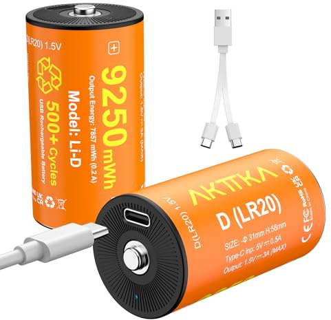 Pilas D Recargables de Litio (Paquete de 2), Pilas D de Iones de Litio Recargables de 9250 mWh, con Cable de Carga USB-C 2 en 1, Pilas D de 1,5 V, para Juguetes proyector, Calentador de Agua, Estufas