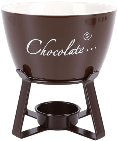 Fdit Schokoladen-Fondue-Becher aus Keramik, Tragbarer Schmelzbecher mit Stabilem Metallständer und Gabel, Teelicht-Kerzenwärmer für Käse, Karamell und Dessert-Dips (BROWN)