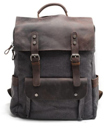 Eysee Vintage ryggsäck herr canvas med läderryggsäck svart, utomhusryggsäck med laptopfack, Grå