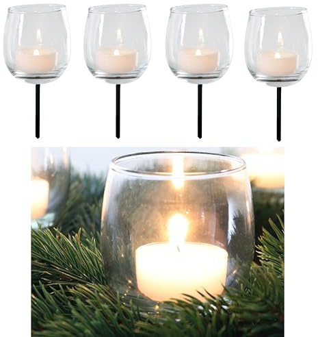 4-TLG. Set Teelichtgläser mit Metallstab für Gestecke - Adventskranzstecker - Teelichthalter für Adventskranz