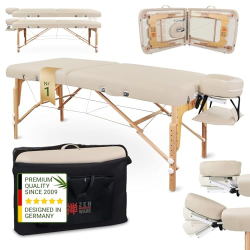 Zen – Mobile Round Corner Massageliege klappbar & höhenverstellbar – Vollholz Massagetisch mit abgerundeten Ecken für aktive Massagestile – Massagebank mit Kopfteil, Armlehnen & Tasche (Creme)