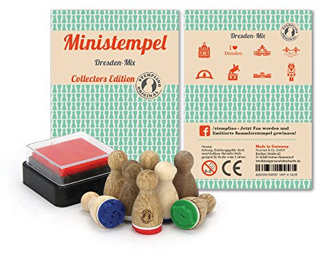 Stemplino Stempelset Dresden - 8 Ministempel aus Holz plus Stempelkissen, Mini Stempel Set Mix