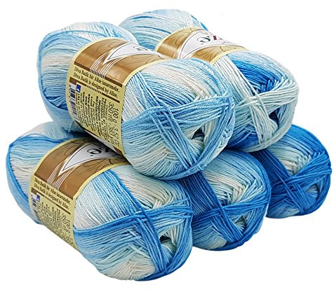 5 x 100 Gramm Alize Diva Batik Wolle mehrfarbig mit Farbverlauf, 500 Gramm merzerisierte Strickwolle Microfiber-Acryl (blau weiß 2130)