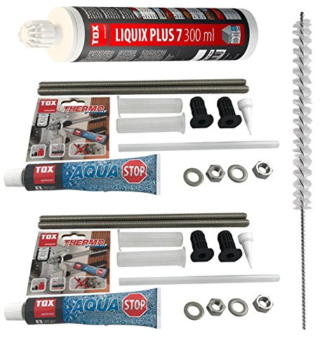 TOX Schwerlast Befestigungsset Abstandsmontagesystem für Lochstein und Vollstein Thermo Proof Plus 4 x M12 A4 mit mit Aqua-Stop + Verbundmörtel Liquix Plus 7 + Zylinderbürste