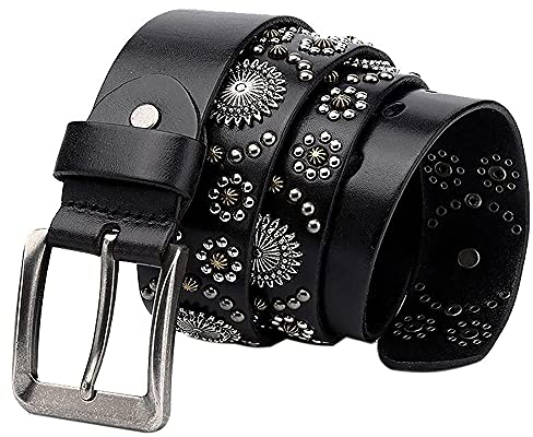 Herren Damen Gürtel Echtleder Nietengürtel Mit Sterne Cutout ​Und Glitzernden Kleinen Pailletten Muster Nieten Belt Mit Legierung Dornschließe,Schwarz,115cm/waist:38~40