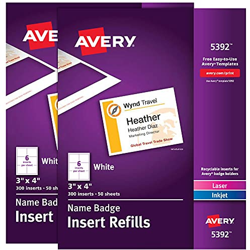 Avery 35392 Namensschild-Einlagen, 7,6 x 10,2 cm, zum Drucken oder Schreiben, für Laser/Tintenstrahldrucker, 2 Stück, 300 Einsätze pro Packung, insgesamt 600 Ausweise | 2 Packungen mit je 300 bedruckbaren Namensschild-Einsätzen