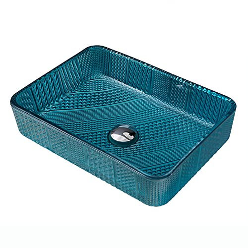 SHUGUANG Lavandino in Vetro, Rettangolare Lavabo da Appoggio ​in Vetro Blu Lavabo da Bagno Artistico Lavabo da Appoggio con Set di Scarico dell'Acqua, 460×330×120mm,Single Sink
