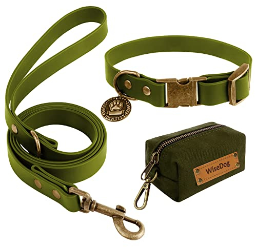 Wisedog Hundehalsband und Leine Set Combo: Einstellbare langlebige Haustier Halsbänder mit Hundeleinen für kleine mittlere große Hunde, enthält einen Bonus von Poop Bag Holder (M, Olivgrün)