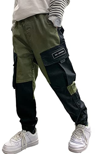 Rolanko Pantaloni Cargo da Ragazzo, Pantaloni da Jogging in Vita Elasticizzata per Bambini, Army Black, Dimensione Tag: 140