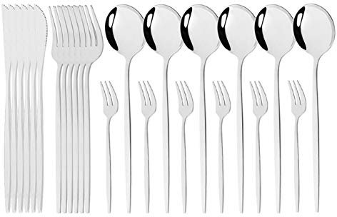24 teile/satz Gold Spiegel Besteck Set 18/10 Edelstahl Geschirr Geschirr Besteck Besteck Set Abendessen Messer Kuchen Gabel Löffel Set essgeschirr (Color : Silver)