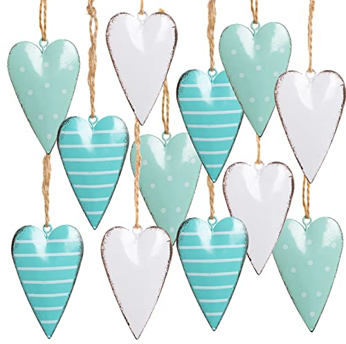 Logbuch-Verlag Lot de 12 cœurs en métal à Suspendre - 7 cm - Pendentif de Pâques - Bleu Marine - Blanc Turquoise