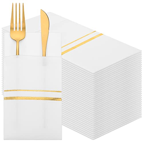 Roshtia 100 Pack Dinner Napkins Disposable Linen Feel Dinner Napkins with Built-in Flatware Pocket Gold Trim Lined Pre Folded Paper for Wedding Party (White,Gold)