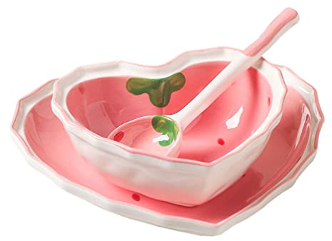 Plato, platos, decoración del hogar Cuencos de postre de cerámica Plato: 1 Juego Ensaladera de fresa con forma de corazón de amor con cuchara Cuencos de porcelana for mezclar for sopa Pasta Postre Cer