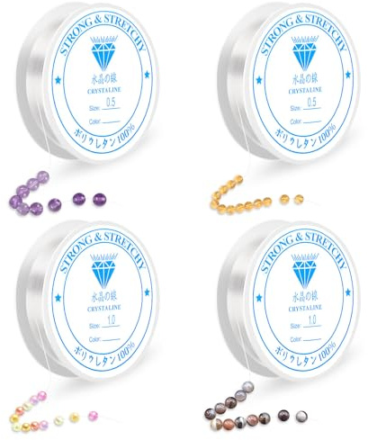 AUAUY Elastische Schmuckfaden, 4 Spule Transparente Perlenseil Faden, 0.5 mm und 1 mm Unsichtbare Nylonschnur, Reißfeste Schnur, Gummiband für Armbänder, für Perlenschmuck Armbänder Basteln