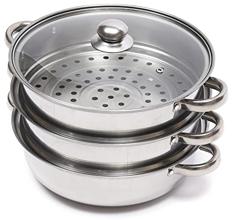 KEESUNG Pentola a vapore a 3 strati, in acciaio inox, 28 cm, a tre strati, in acciaio inox, con coperchio in vetro, impilabile, per gnocchi, verdure o pollame, lavabile in lavastoviglie