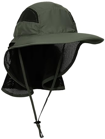 WANYING Unisex UV Schutz Sonnenhut mit Nackenschutz 12cm Großer Brim Outdoor Aktivitäten - für Kopfumfang 56-62cm Upgrade Stoffe Dunkel Armee Grün