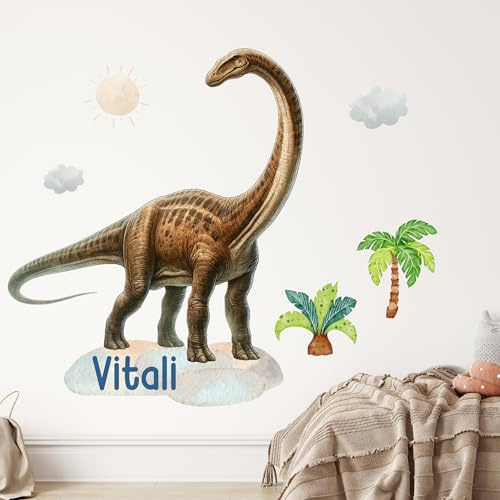GRAZDesign Dinosaurier Wandtattoo Dino mit Namen personalisiert Brachiosaurus Wandsticker Kinderzimmer Junge Wandaufkleber Babyzimmer selbstklebend - 74x57cm