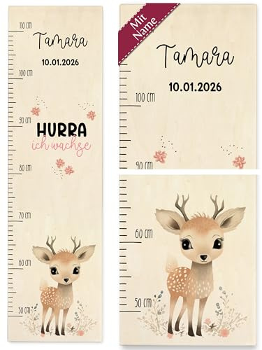 Messlatte Kind Holz - Hurra ich wachse Reh mit Name und Datum Kindermesslatte I Babymesslatte Jungen Mädchen - 50-110 cm - Holz - kinder personalisierte tier grössenmesser tiere messlatten für