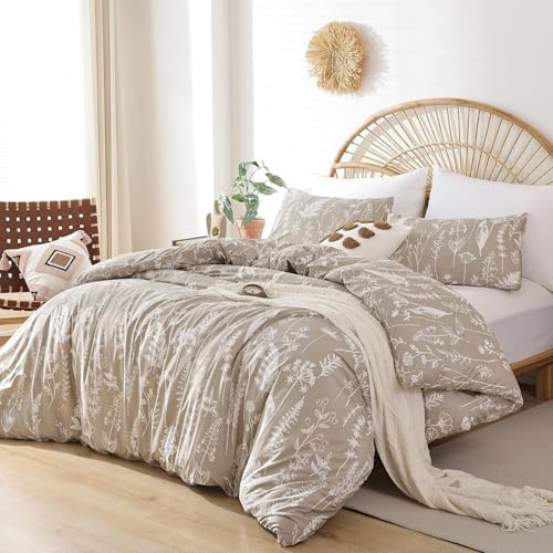 Tospass Bettwäsche 220x240 Blumen Khaki Floral Pflanzen Bettwäsche Set | Aesthetic Bettwäsche mit Blumenmuster, 3 teilig, Microfaser ÖKO-TEX Bettbezug mit Reißverschluss und 2 Kissenbezug 80x80cm
