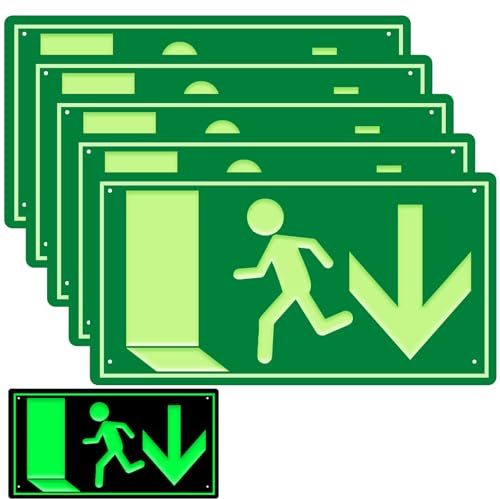 5 Stück Notausgangsschild Nachleuchtend, 300 x 150 mm Fluchtwegschilder Pfeil unten, Hochwertiges Aluminium Schild Notausgang Extra Langnachleuchtend Für Infoschild, Rettungsweg, Fluchtweg, Notausgang