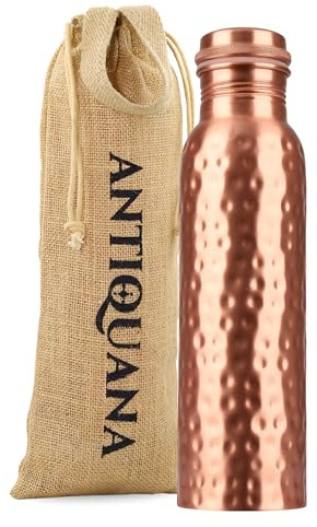ANTIQUANA 34 Oz Pure Copper Water Bottle Set – Leak-Proof Hammered Design with Tumbler, Carrying Bag & Smooth Finish Decorative – Copper Home Decore
