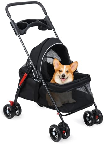 qorkhogr Haustier-Kinderwagen, faltbar, mit 4 Rädern, tragbare Haustiertasche, Kinderwagen mit Getränkehalter, atmungsaktives und sichtbares Netzgewebe für mittelgroße und kleine Hunde, Katzen,