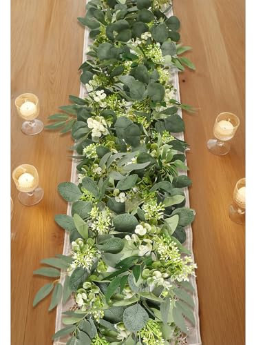 IWTTWY 6Ft Artificial Eucalyptus and Ivy Garland with Flower Gypsophila, Willow Leaves Vine Table Runner for Home Garden Wedding Ceremony Party Decorations