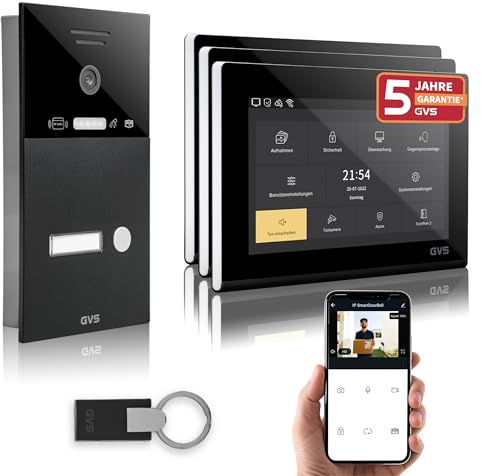 GVS IP Video Türsprechanlage mit Türöffner, RFID, 3X 7 Zoll Monitor & App | Smarte Video Türklingel mit Kamera und Monitor & App - Gegensprechanlage für 1 Familienhaus (AVS4286U)