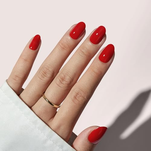 BTArtbox Press On Nails Short - Red Oval False Nails with Glue, Reusable Stick On Nails for Women in 16 Sizes, 32 Pcs Natural Fake Nail Kit, Mulled Wine